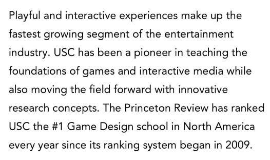 南加州大學(xué)的游戲設(shè)計(jì)專業(yè)列為北美第一